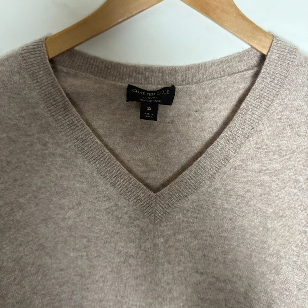 Charter Club Luxury 100% Cashmere V-Neck Sweater Tan Oatmeal Heather 3X Womens